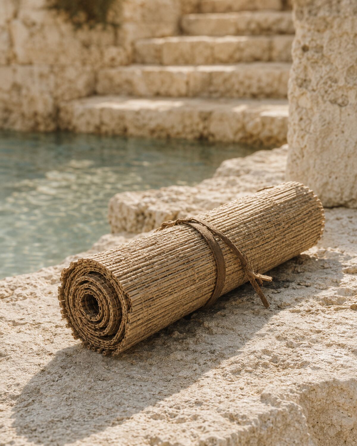 A rolled mat resting on stone beside the water