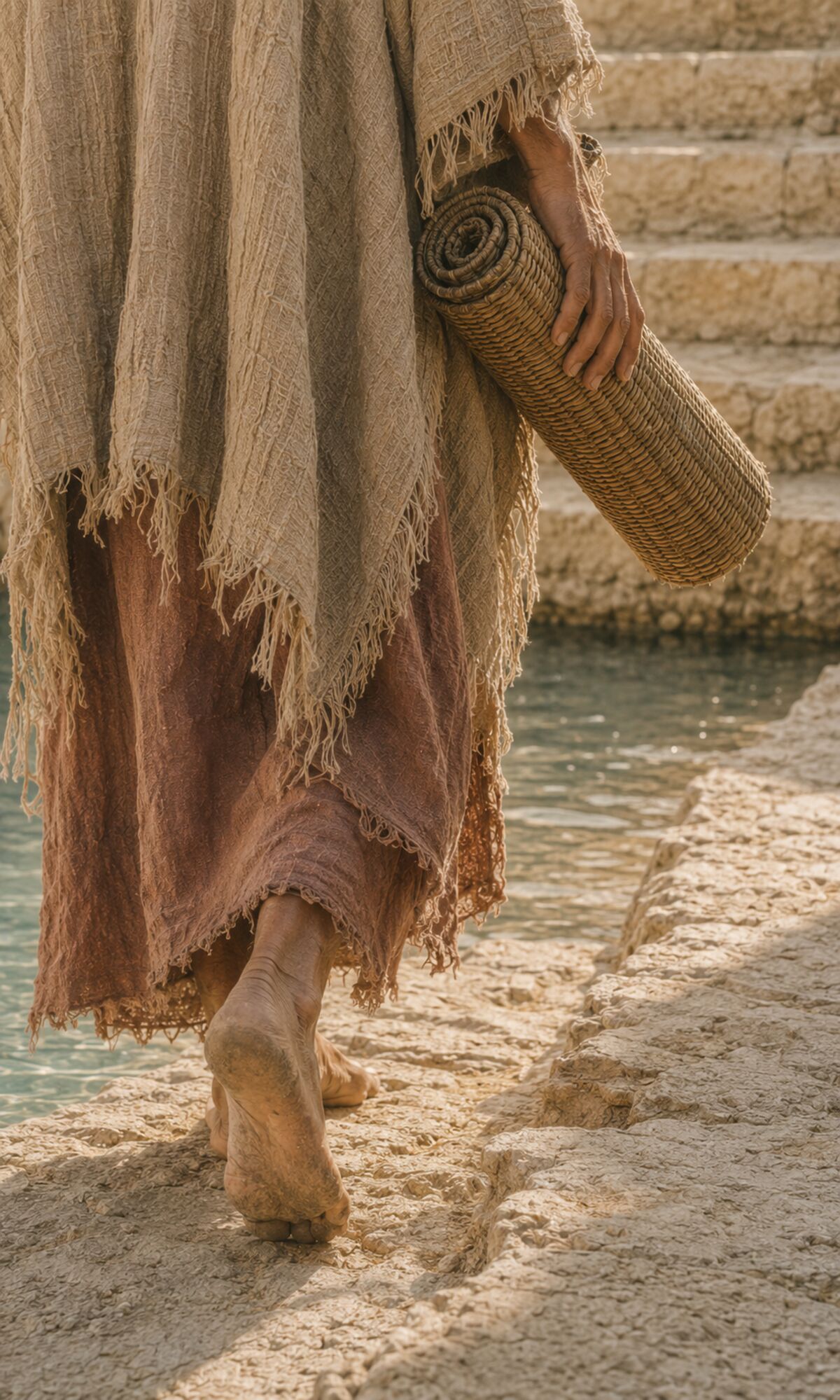 A man walking away from the pool, carrying his rolled mat
